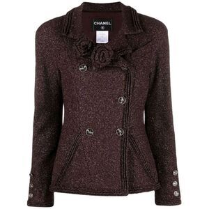 Chanel 2008 Bordeaux Lurex Double-Breasted Jacket with Camellia Brooches